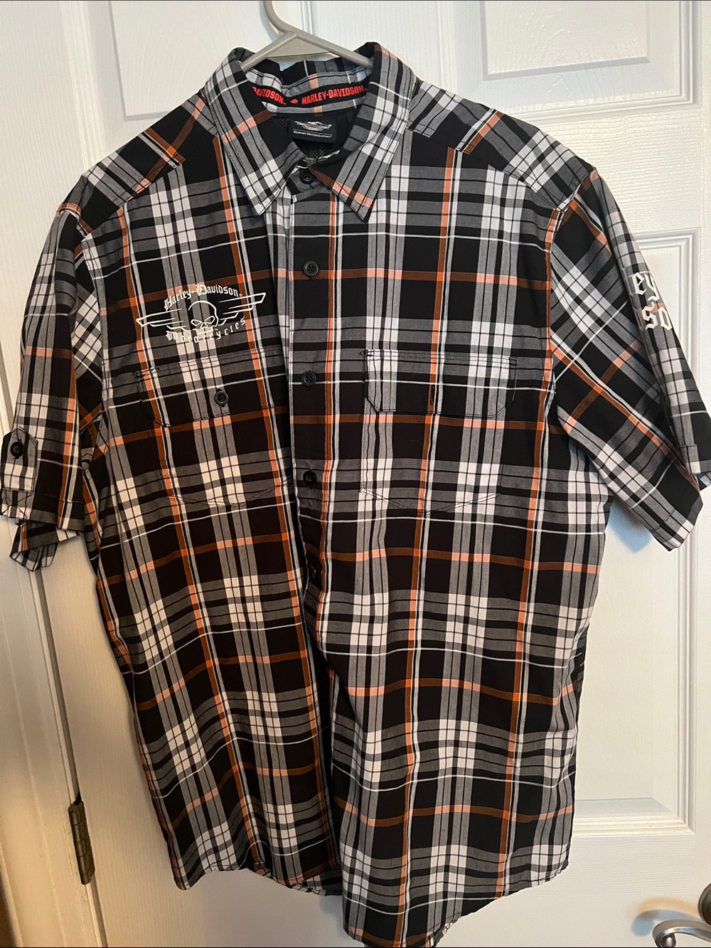 Harley-Davidson Black, White & Orange Plaid Short Sleeve Button-Down Shirt